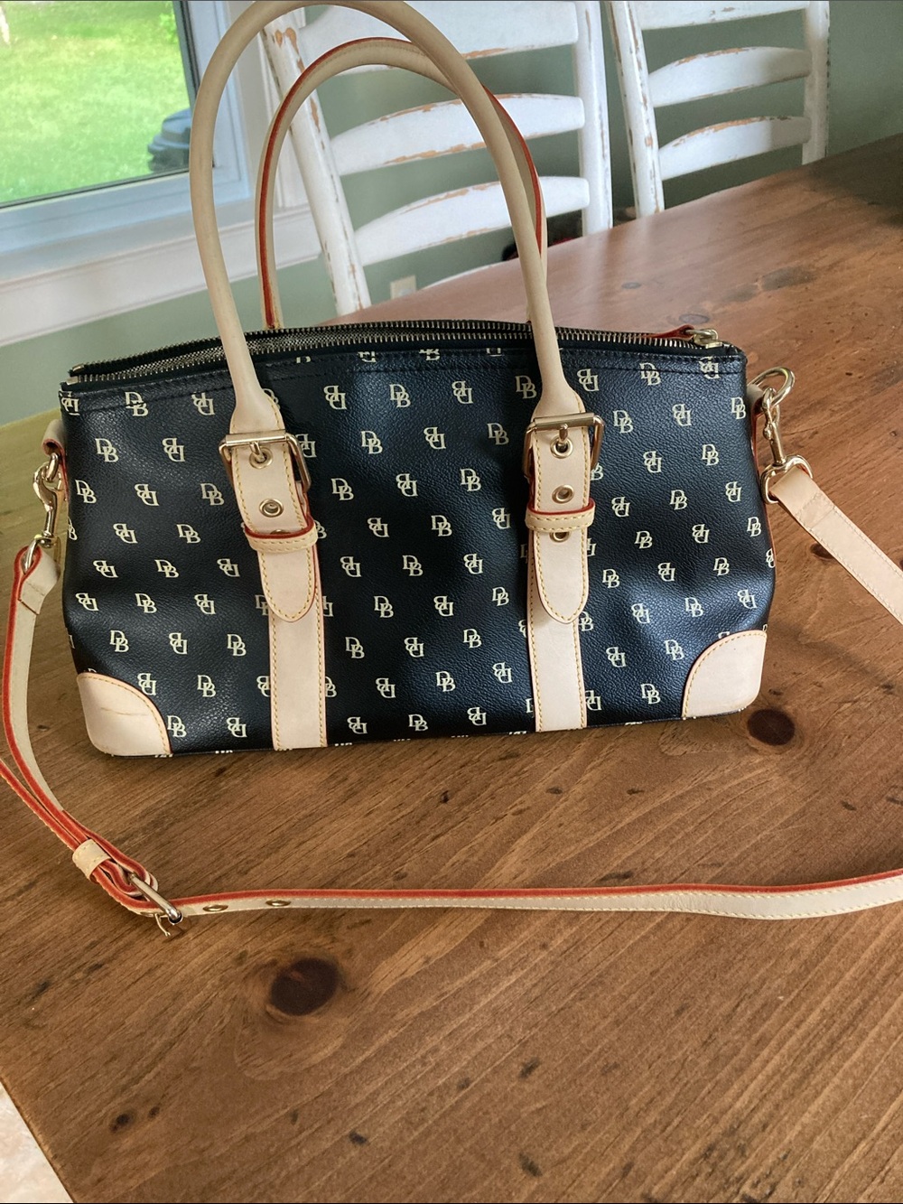 Dooney & Bourke Navy Blue and Cream Logo Satchel